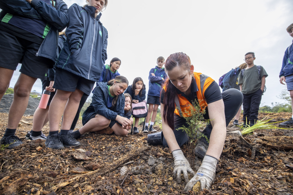 An ecologist from Wildlands shows the students from Pasadena Intermediate how to plant the native shrubs and trees