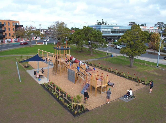 Hobsonville War Memorial playground features baby swings, belt swings and a basket swing (all accessible)