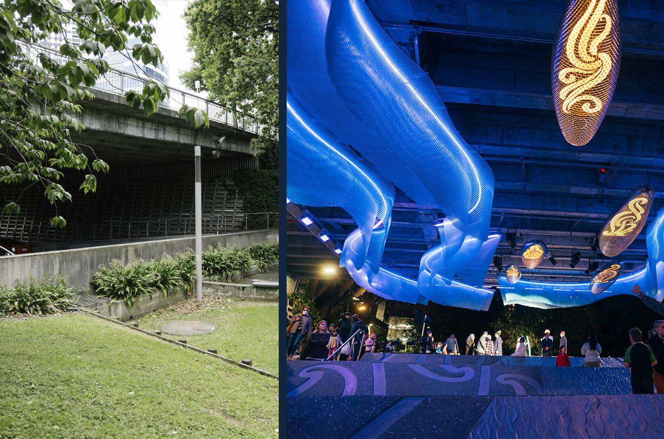 Myers Park underpass before and after; Waimahara at right (photo David St George).