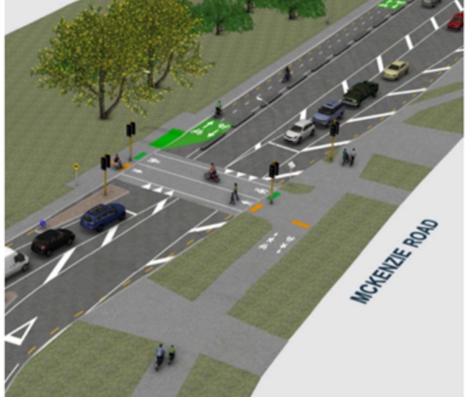 Artist impression of the new signalised crossing between the motorway onramp roundabout and the petrol station on McKenzie Road.