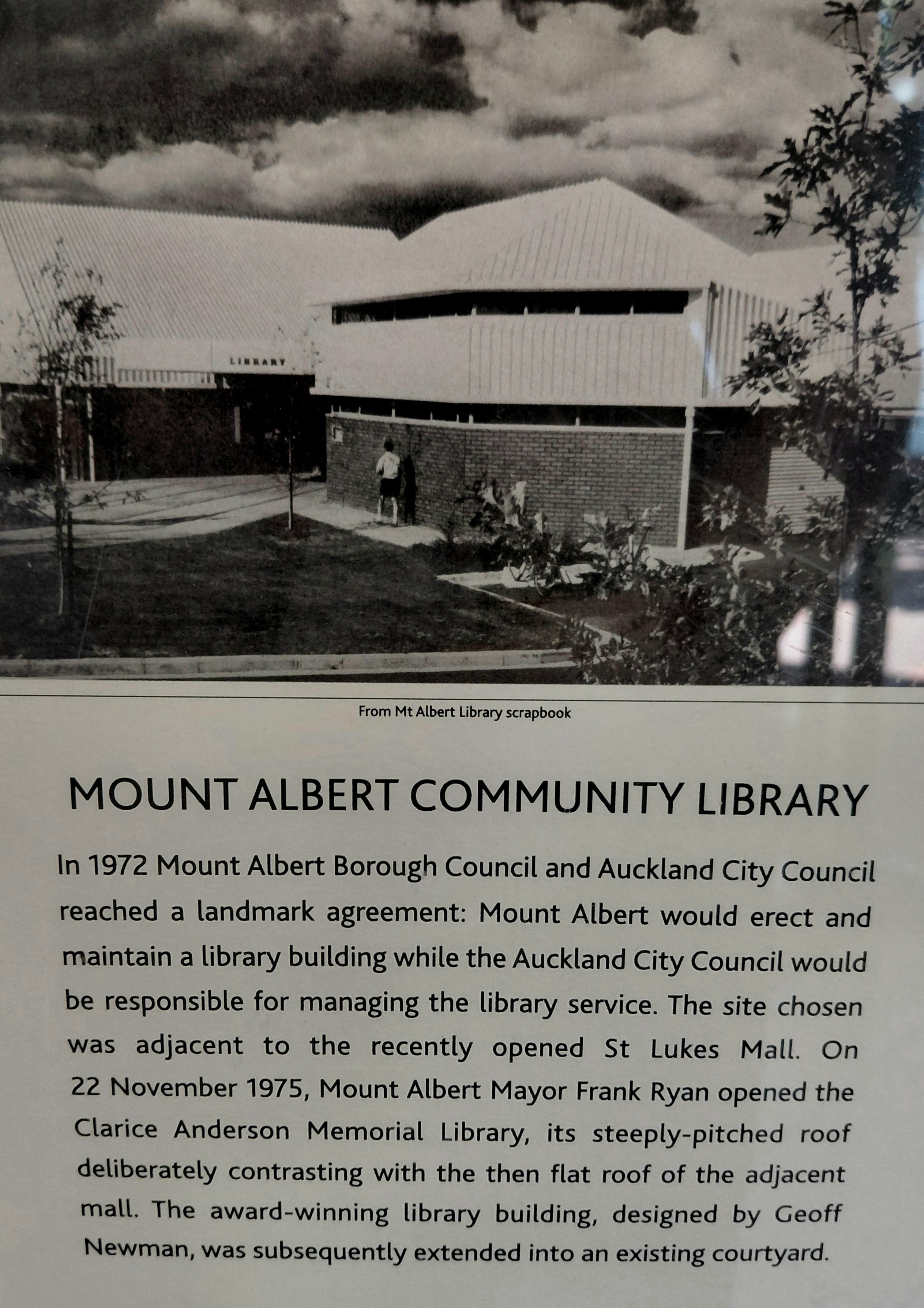 A monument paying respect to the opening of Mt Albert library. 