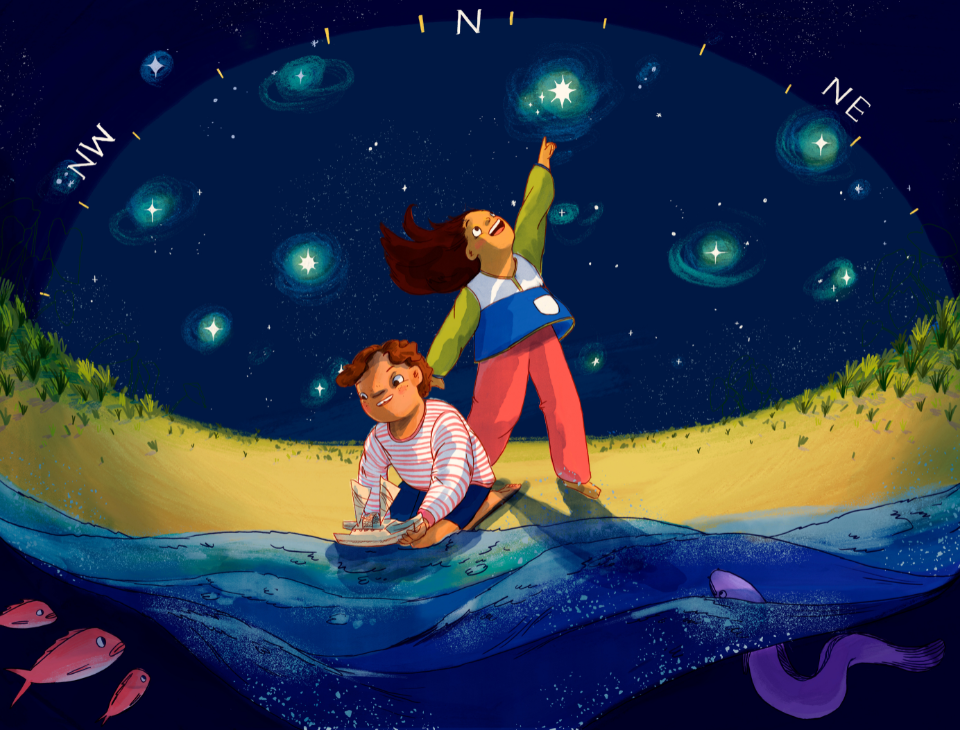 An illustration of children playing in the natural world. 