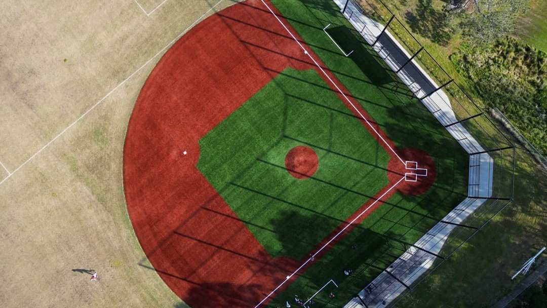 An aerial shot of a baseball field. 