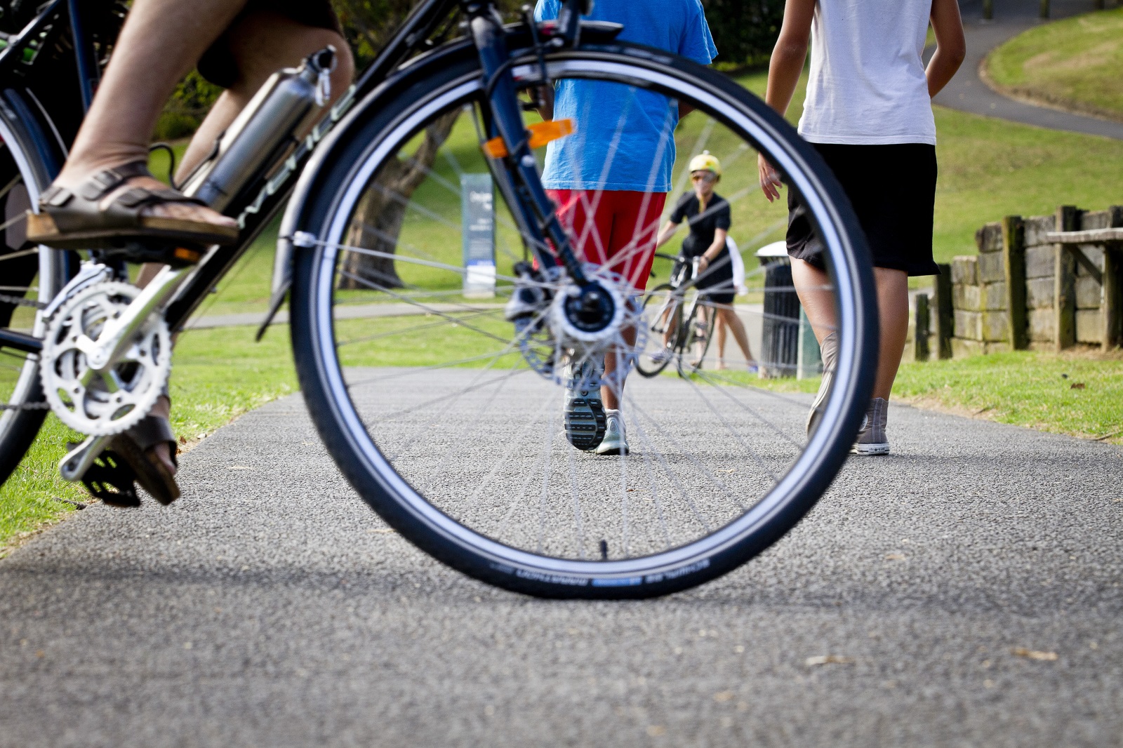 Close up of bicycle wheel on a path with grass on either side