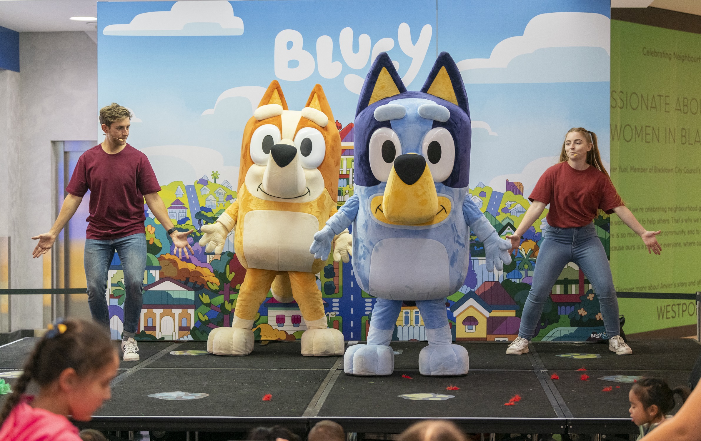 Bluey and friend on stage.