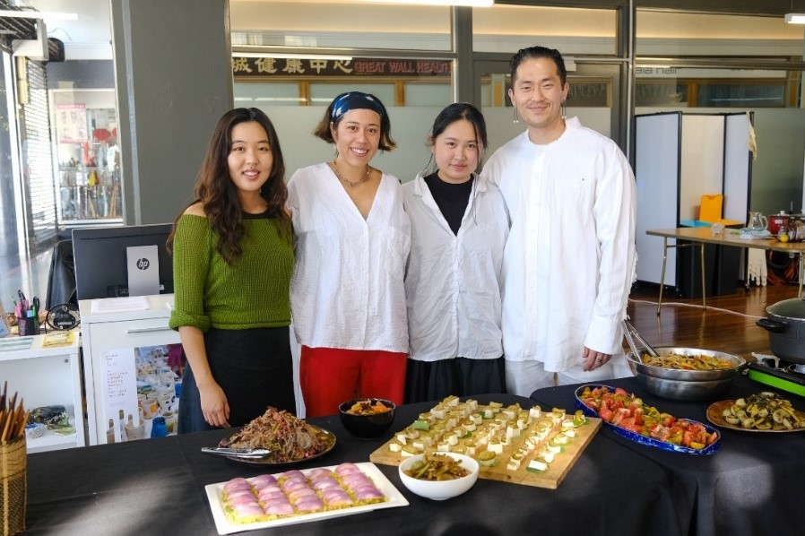 Artists and curator at the closing event, sharing Ruby’s fermented kai with the community. Left to right: Yeonjae Choi, curator, Ruby White, Cindy Huang, Sung Hwan Bobby Park.