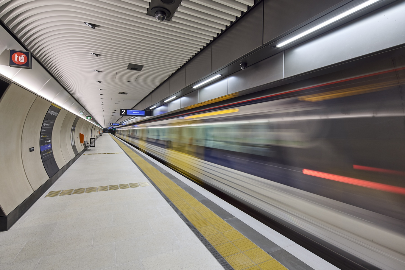 Blurred image of a underground train leaving the station. 