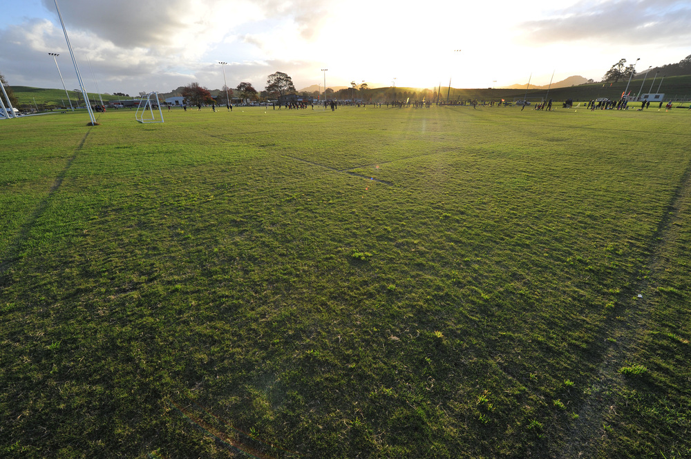 A misty rugby field in the morning. 