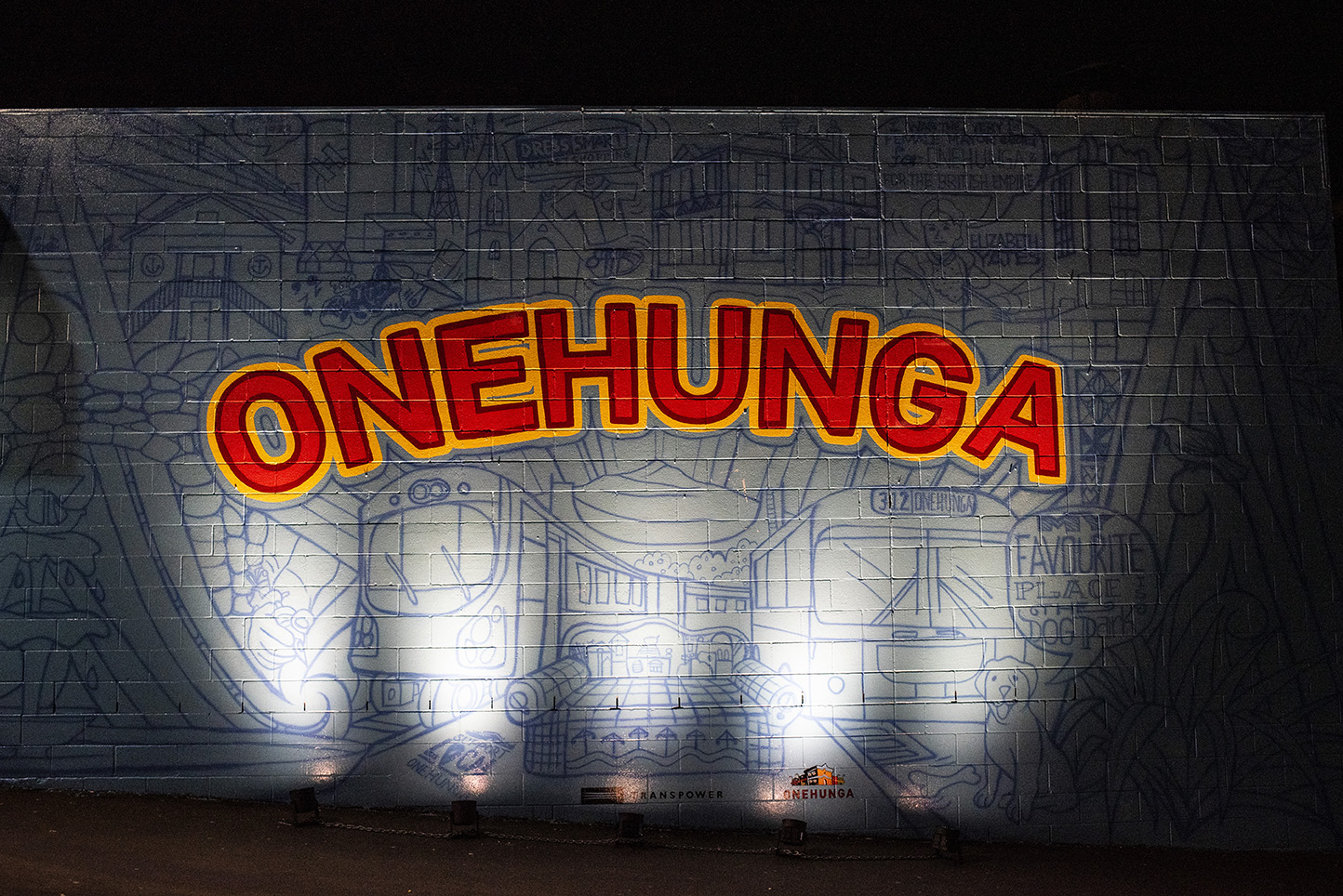 Onehunga Business Association's mural lit up at night