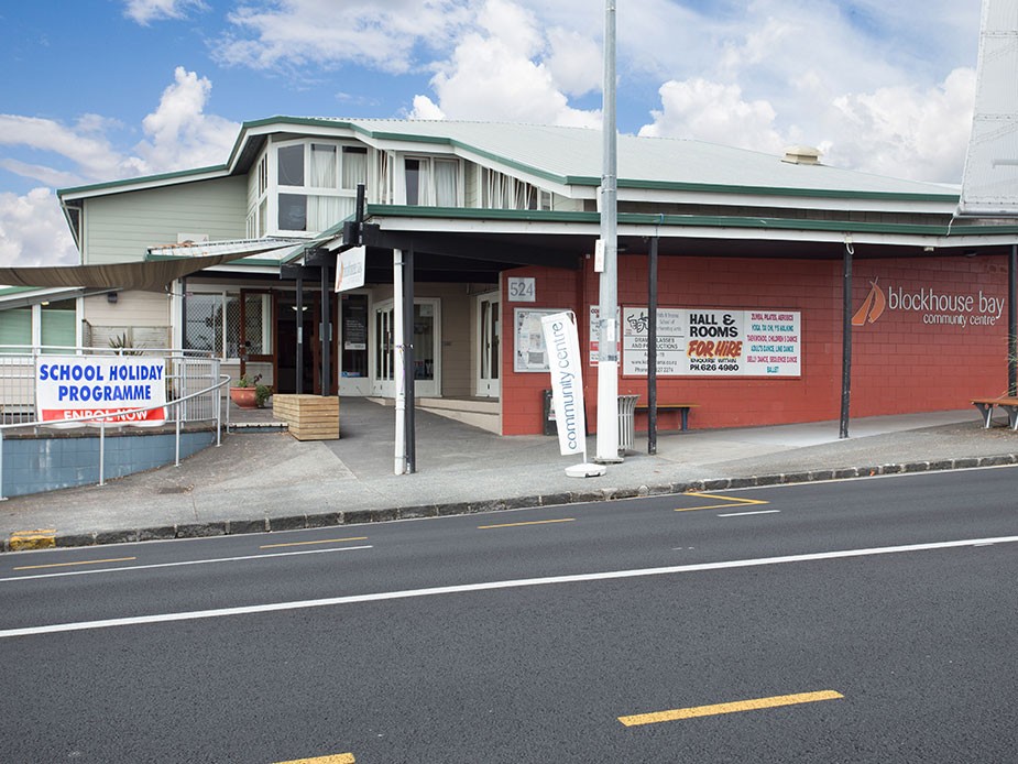 Exterior of Blockhouse Bay Community Centre a brick and wooden building in Blockhouse Bay Auckland