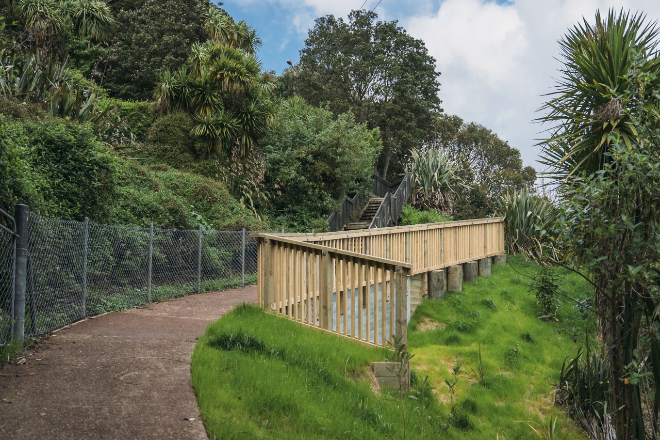 A staircase and a bridge walkway. 