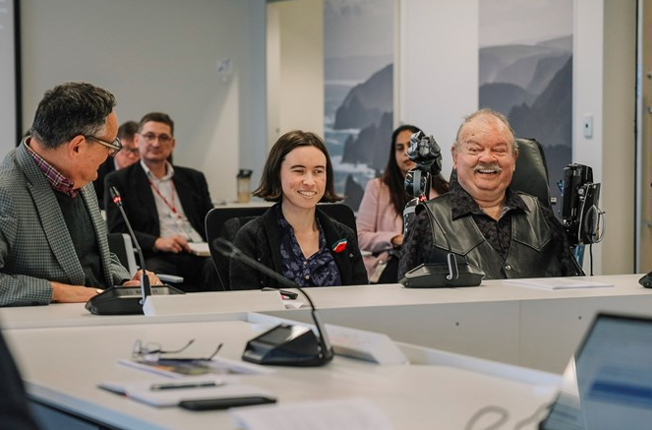 Greg Morgan, Auckland Council's Principal Business Resilience, left, speaks with Disability Advisory Panel members Áine Kelly-Costello and co-chair Barry de Geest.