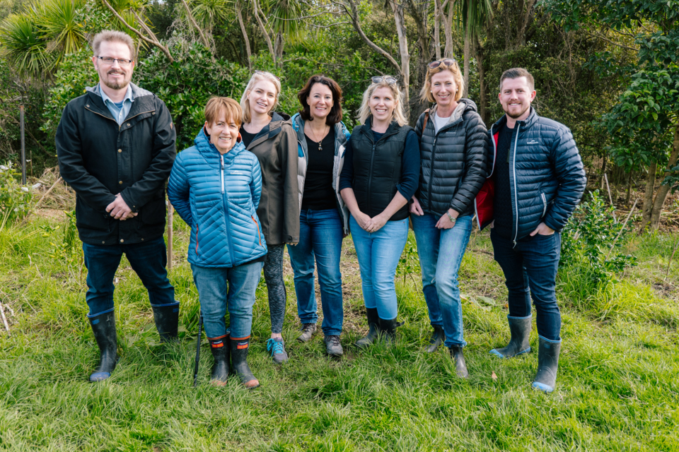 Kaipātiki Local Board members from left John Gillon (chair), Anne Hartley, Cindy Schmidt, Danielle Grant (deputy chair), Paula Gillon and Melanie Kenrick with North Shore ward councillor Richard Hills at the reopening event.