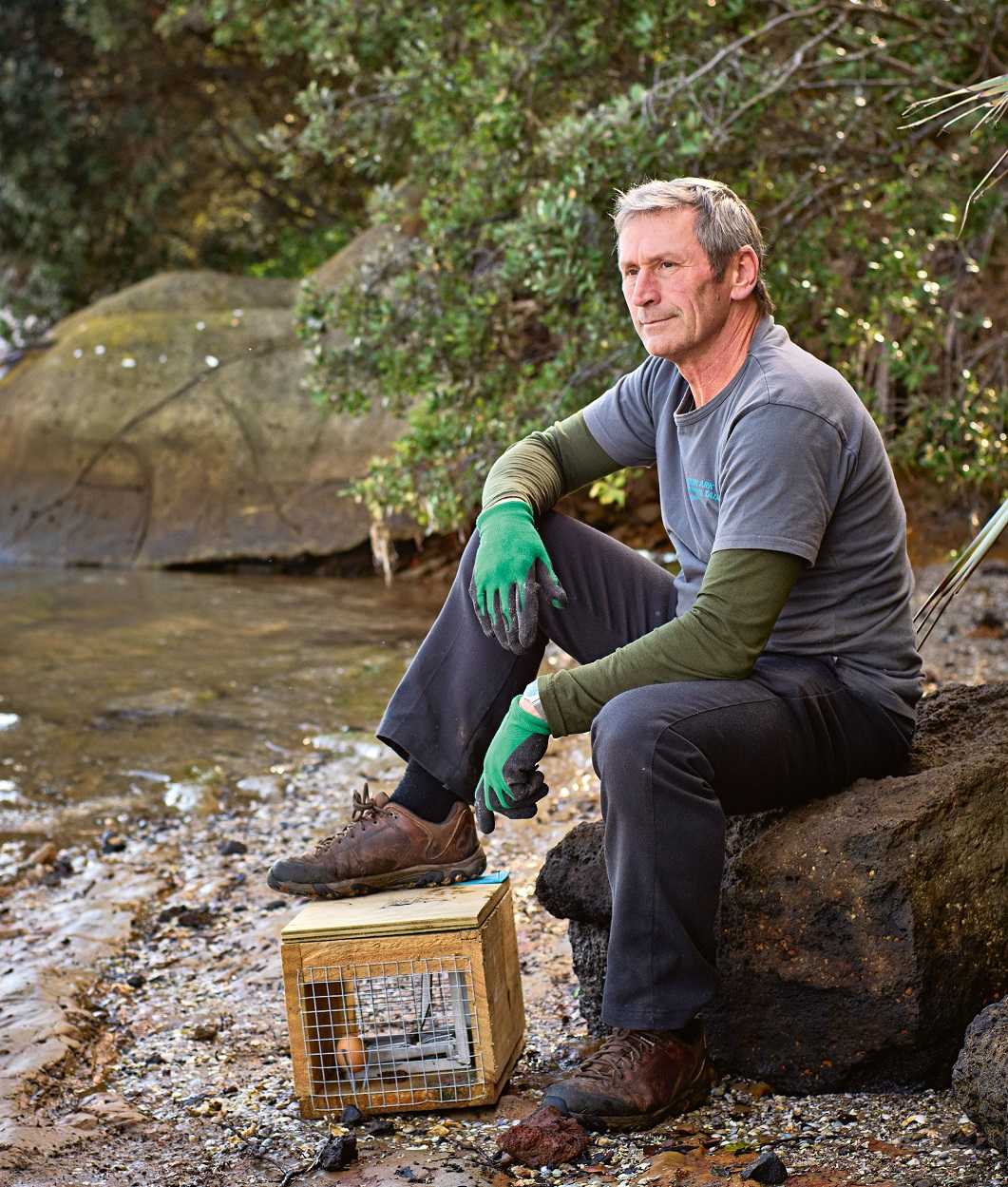 Paul Whitfield taking time out after checking traps at Eric Armishaw Park’s waters edge.