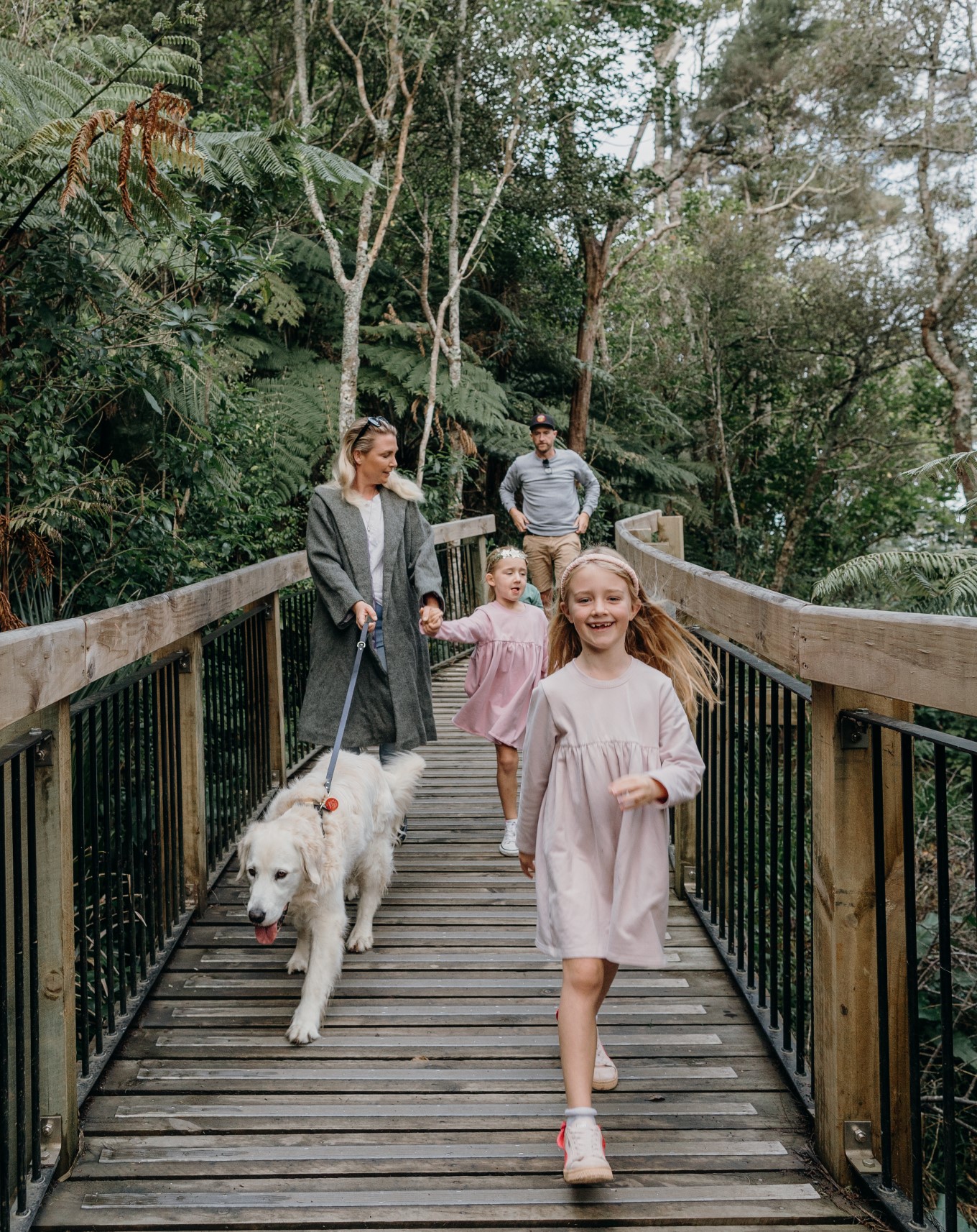 Family and dog walking along wooden boardwalk with native bush on each side