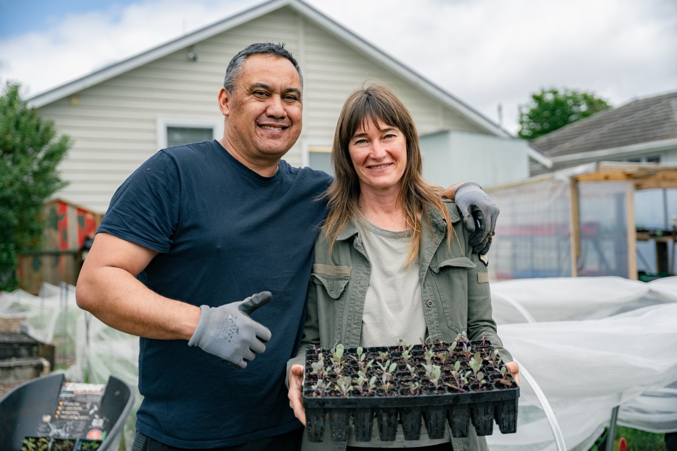 Dalton Neho and Lila Kuka from Awhi Mai Te Atatū: Growing as a Community want to show that using regenerative practices, even marginal land can be converted into a kai-growing space.