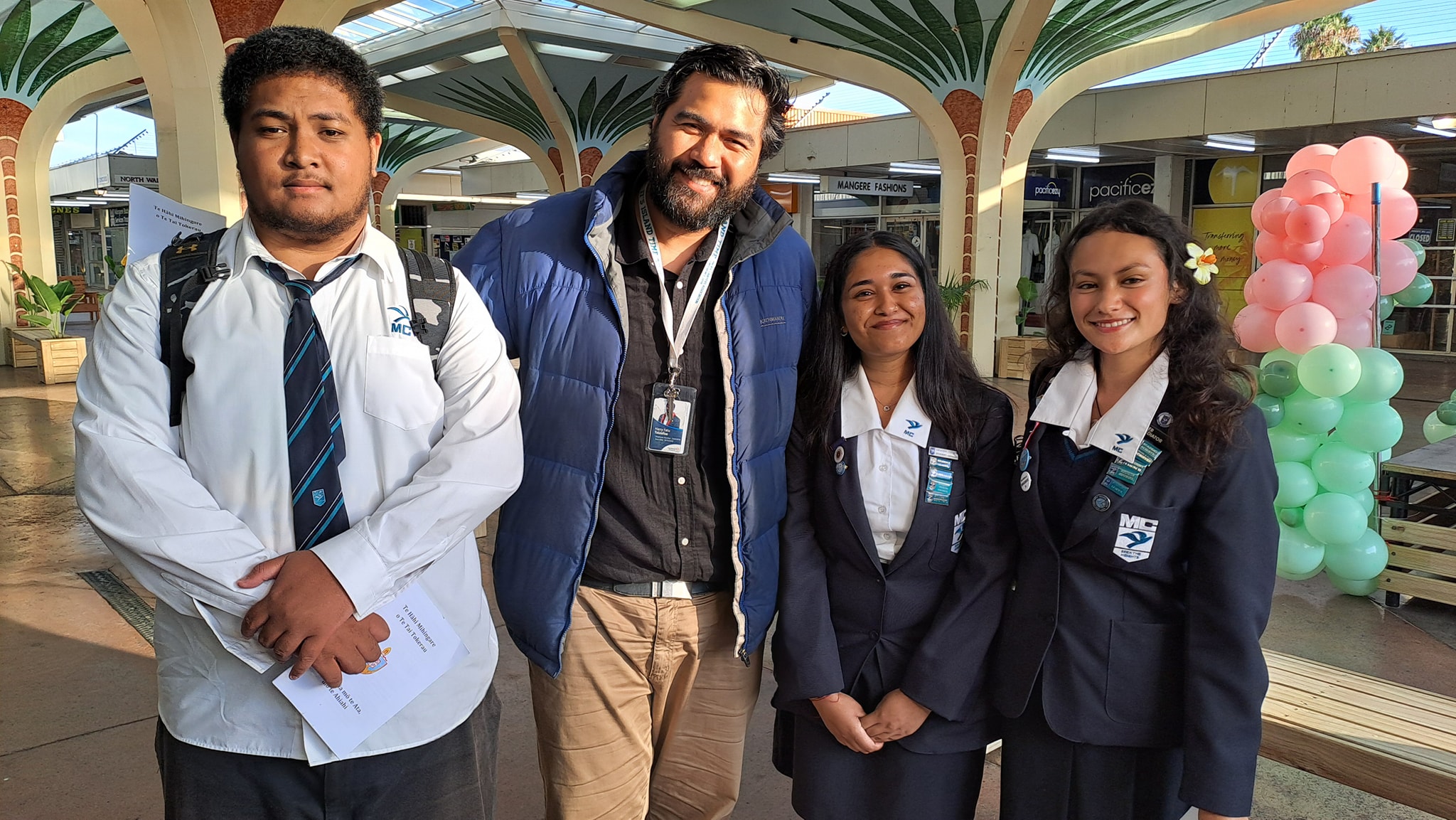 Students from Māngere College - Riyansha, Manuia, and Peter with local board member Te’o Harry Fatu Toleafoa.