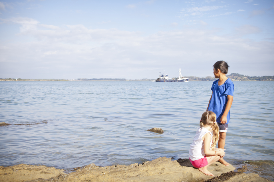 Children look out over the Manukau Harbour.
