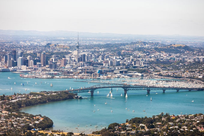 Aerial View Of Auckland City Featuring Ocean And Harbour Bridge (1)