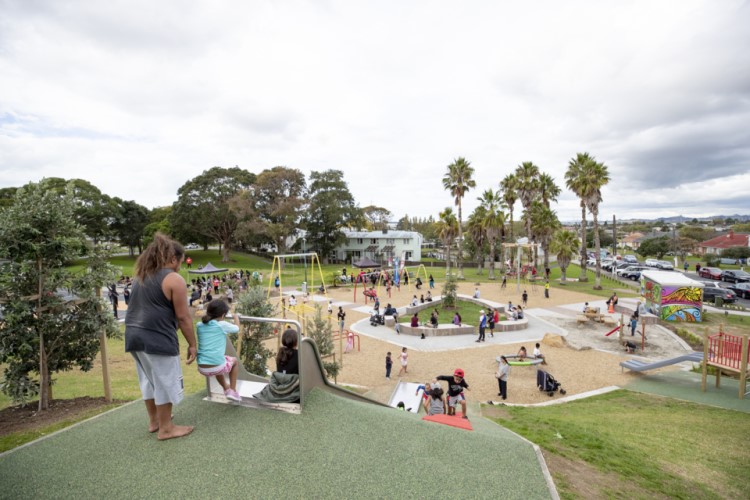 Picture of Otamariki Park Playground in Auckland with long metal slide in the foreground