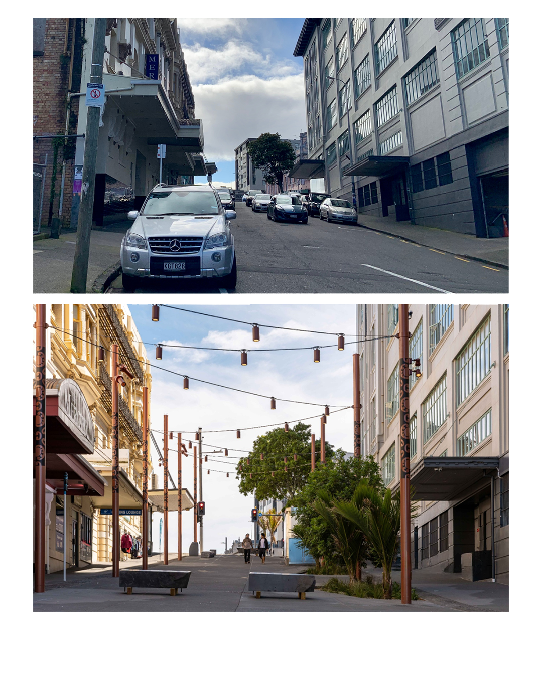 A comparison image of Mercury Lane, entrance to Karanga-a-Hape Station 2019 vs 2026.