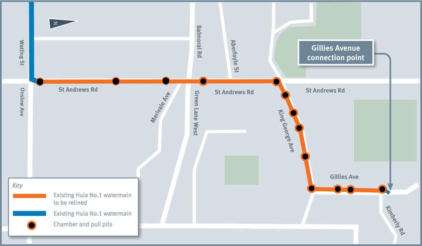 Map of the Huia 1 replacement pipeline works in Epsom.