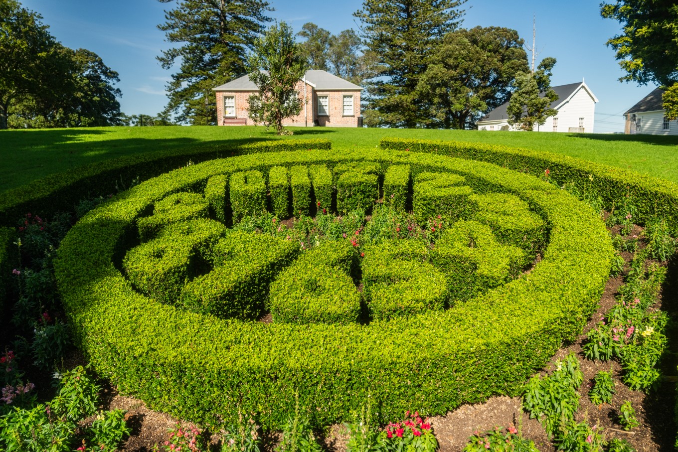 The Onehunga Blockhouse, Laishley House and Fencible cottage Journey’s End in Jellicoe Park – seen here behind the flower clock – are open to the public on the first and third Sunday of each month.