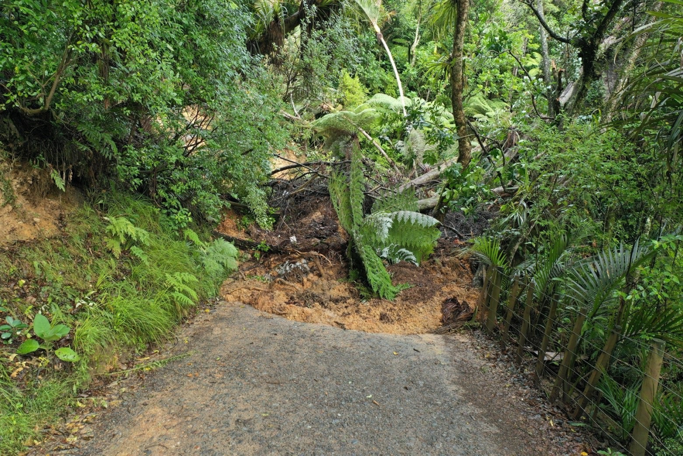 A landslide having blocked off the road.
