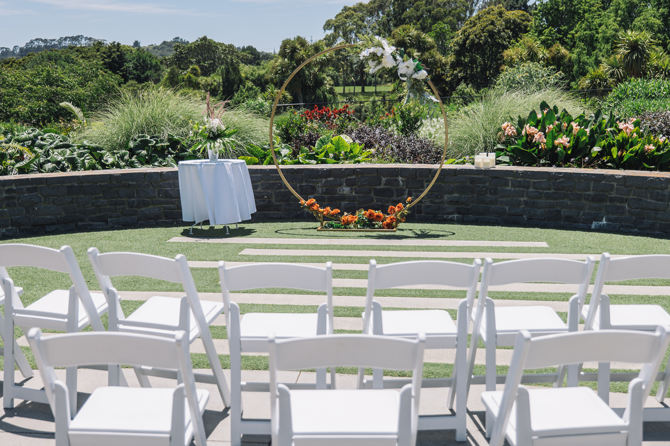 A wedding venue set up in a garden area. 